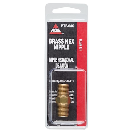 Ags Brass Hex Nipple, 1-3/8 Length, Male (1/4-18 NPT), 1/card PTF-64C